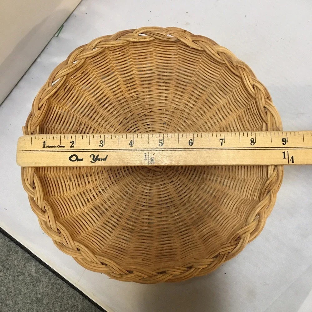 Woven Wicker Basket Home Decor 9in Tan Round Braided Rim Cottagecore
